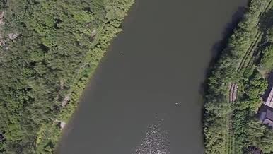 公园绿色河流大自然高空实景拍摄视频的预览图